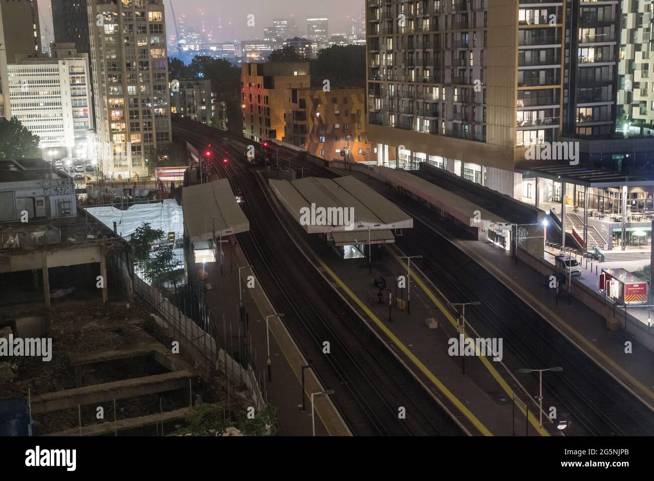 Blacked out Elephant and Castle railway station, London the night following a fire underneath