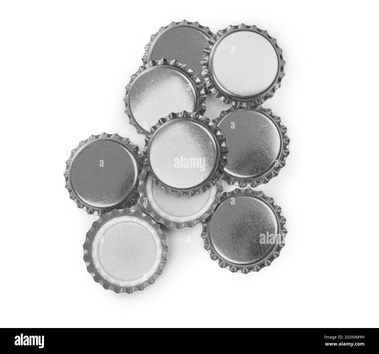 Many beer bottle caps on white background. isolated with clipping path