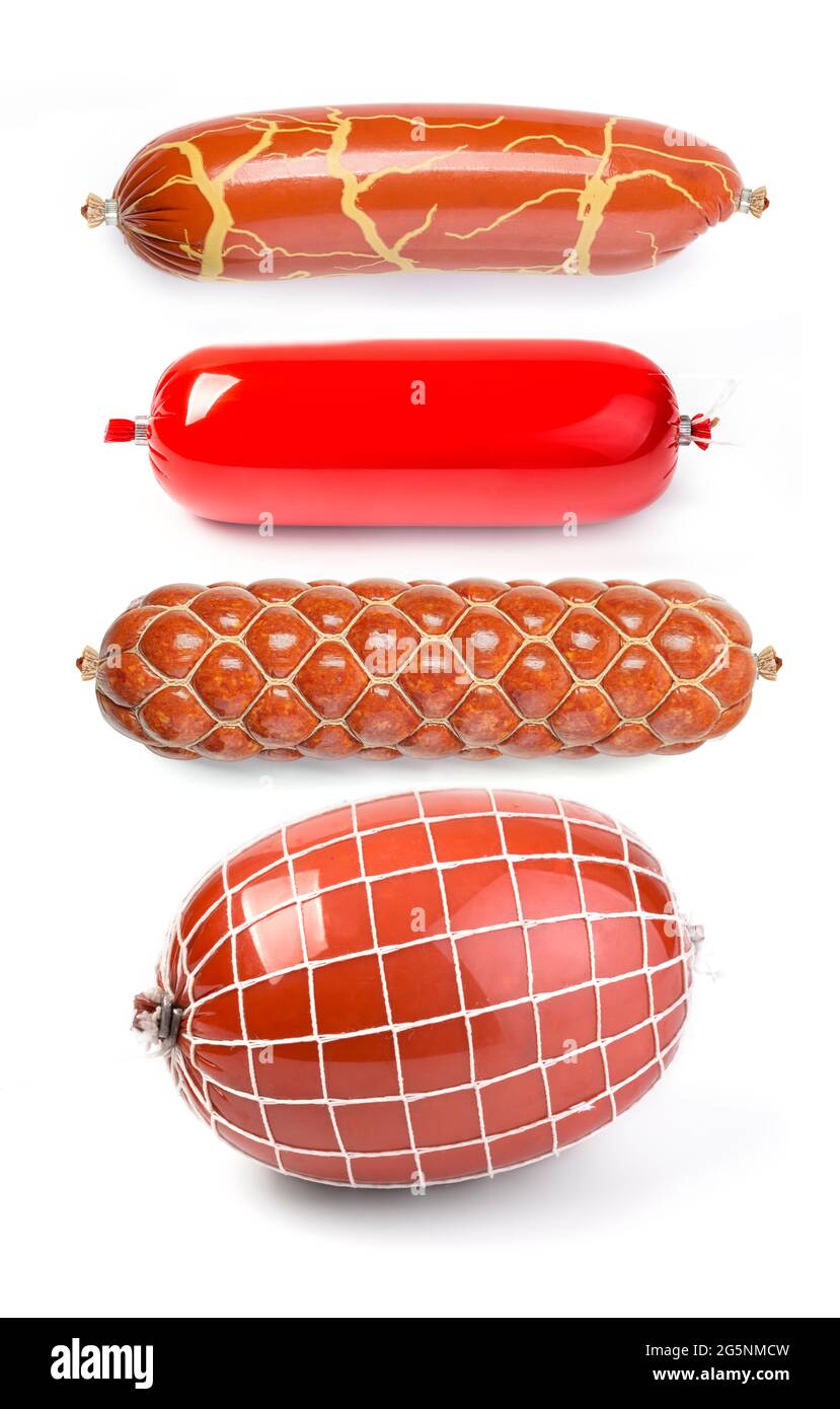 Set of Blank salami or sausage packages isolated on white background