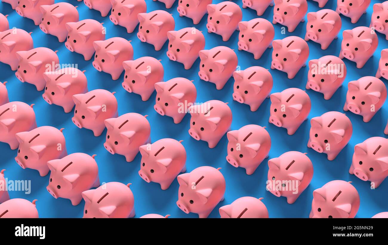 Rows of pink piggy banks on a blue background. 3d render Stock Photo ...