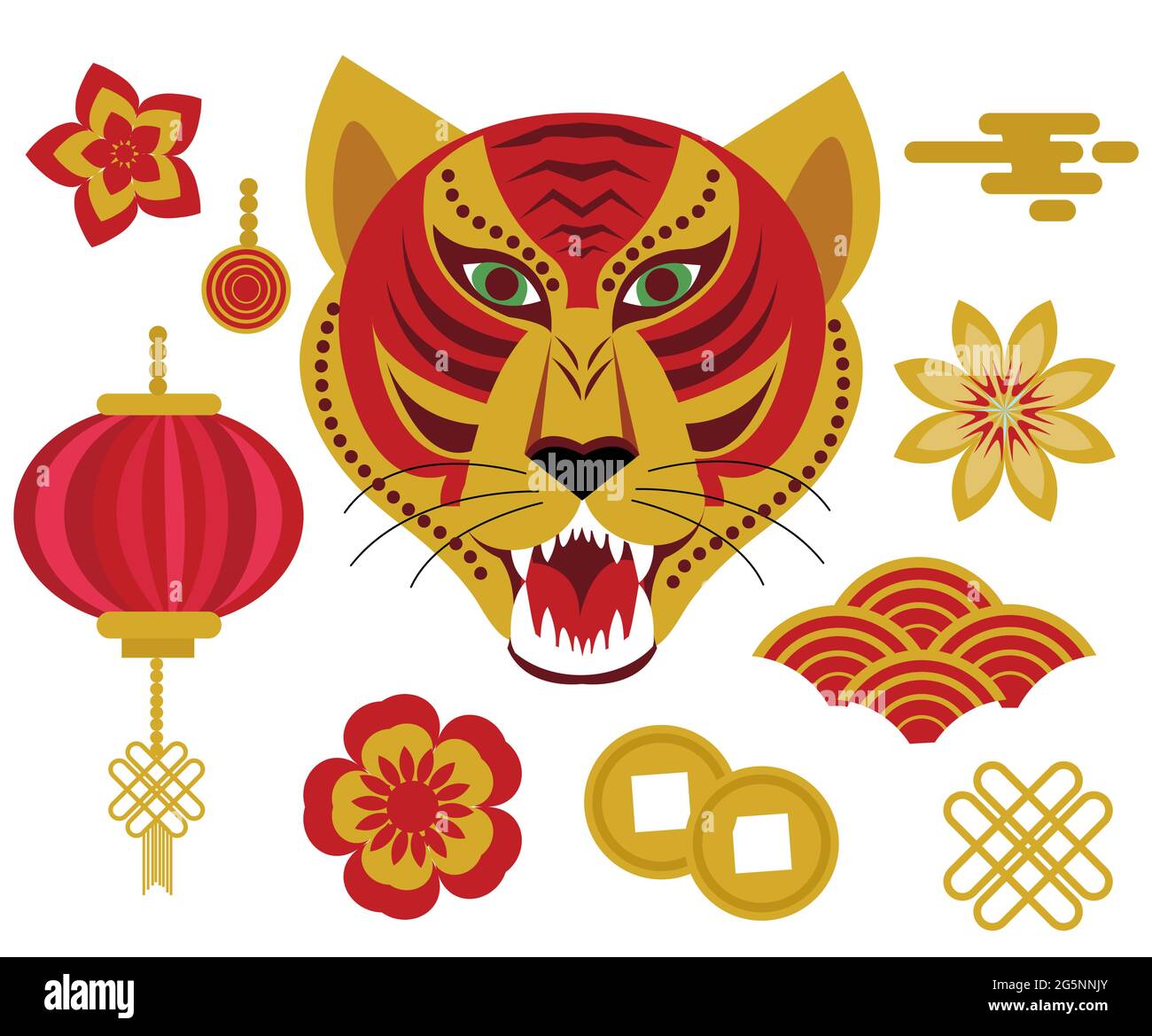 Year of the tiger 2022 chinese horoscope icons set. Chinese New Year collection of design elements with tiger, paper lantern, clouds, flowers. Vector Stock Vector