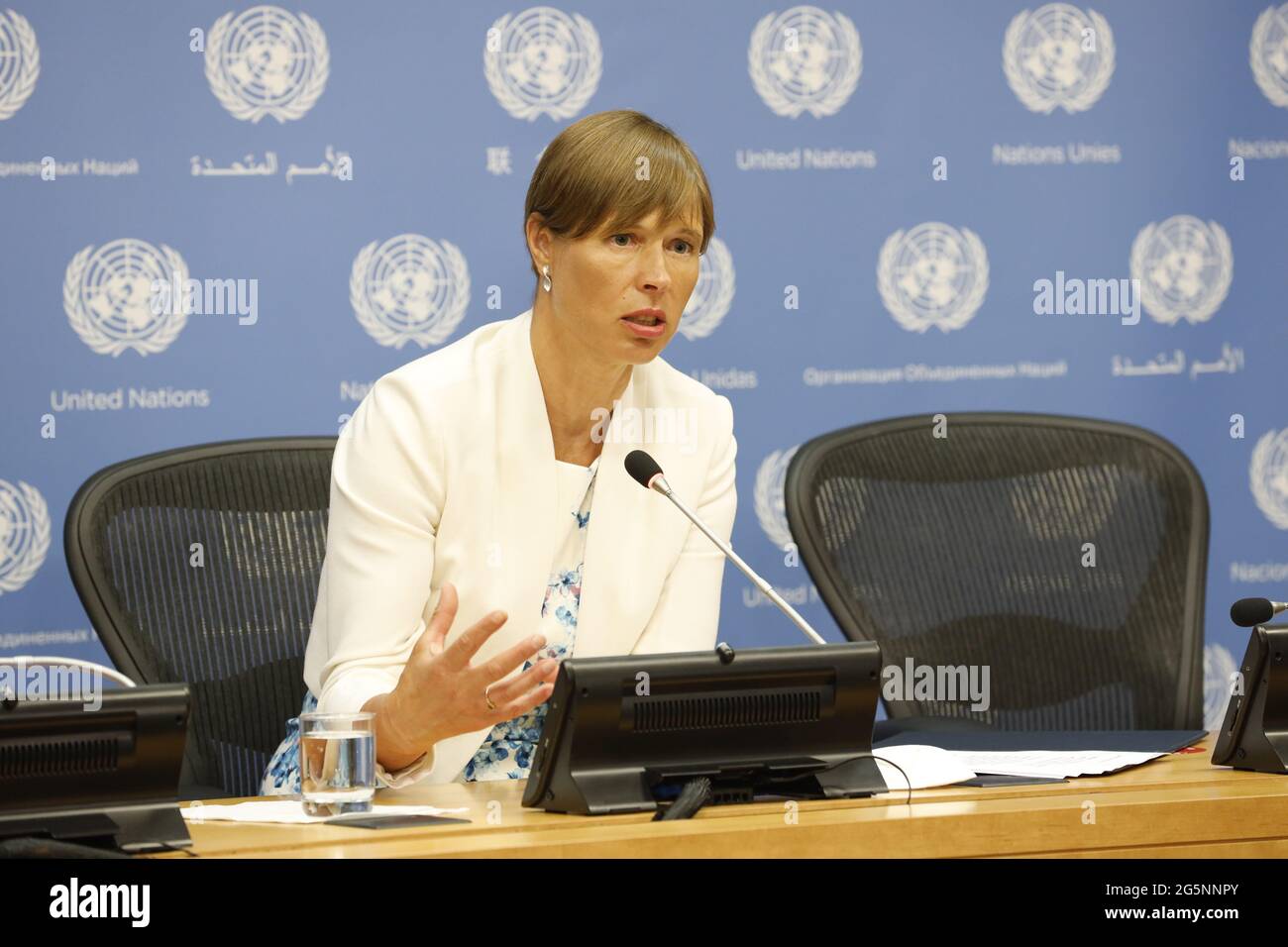 United Nations. 28th June, 2021. Estonian President Kersti Kaljulaid speaks to the press after her appointment at the UN headquarters in New York, on June 28, 2021. United Nations Secretary-General Antonio Guterres on Monday designated Estonian President Kersti Kaljulaid as his global advocate for the health and well-being of women, children and adolescents for the next two years. Credit: Xie E/Xinhua/Alamy Live News Stock Photo