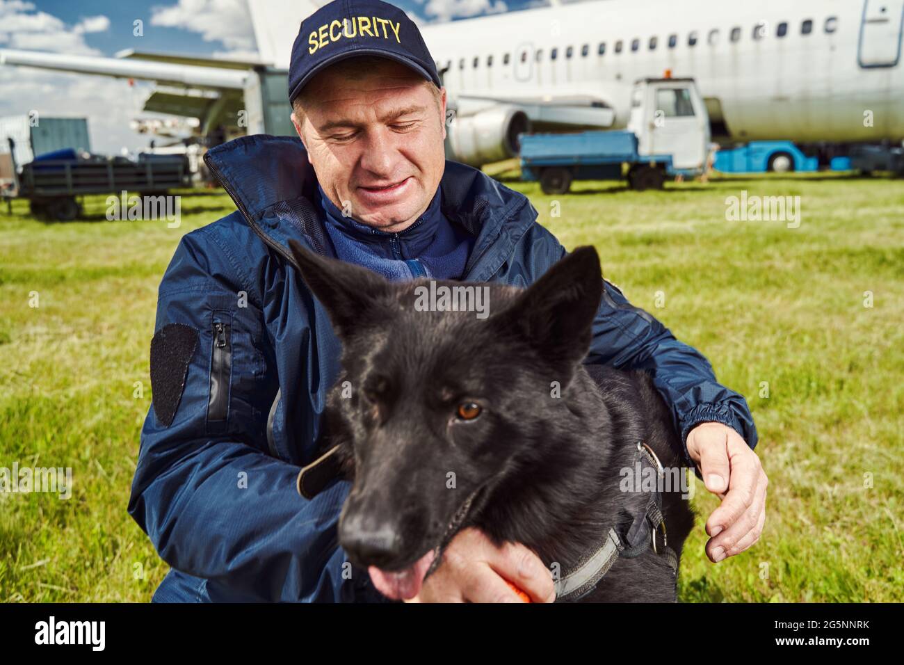 Detection dog on duty with security officer at airfield Stock Photo