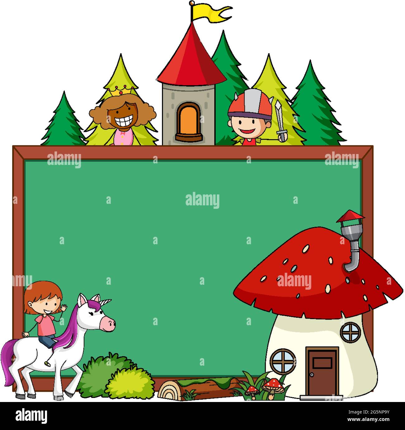 Empty chalkboard banner with fairy tale cartoon character and elements ...
