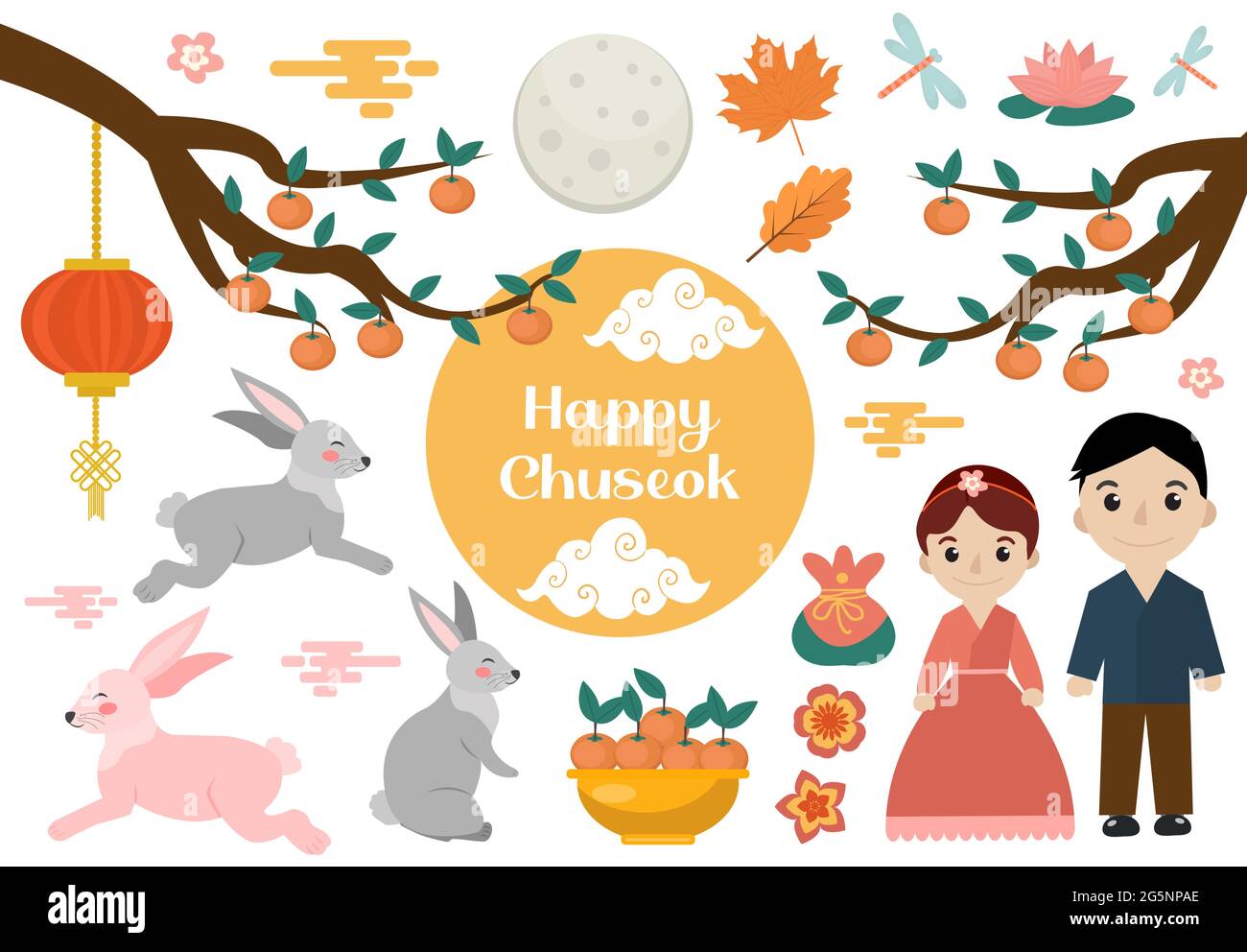 Happy Chuseok set of objects. Mid autumn festival collection of design elements with persimmon, rabbits, moon. Korean Thanksgiving and Harvest Stock Vector