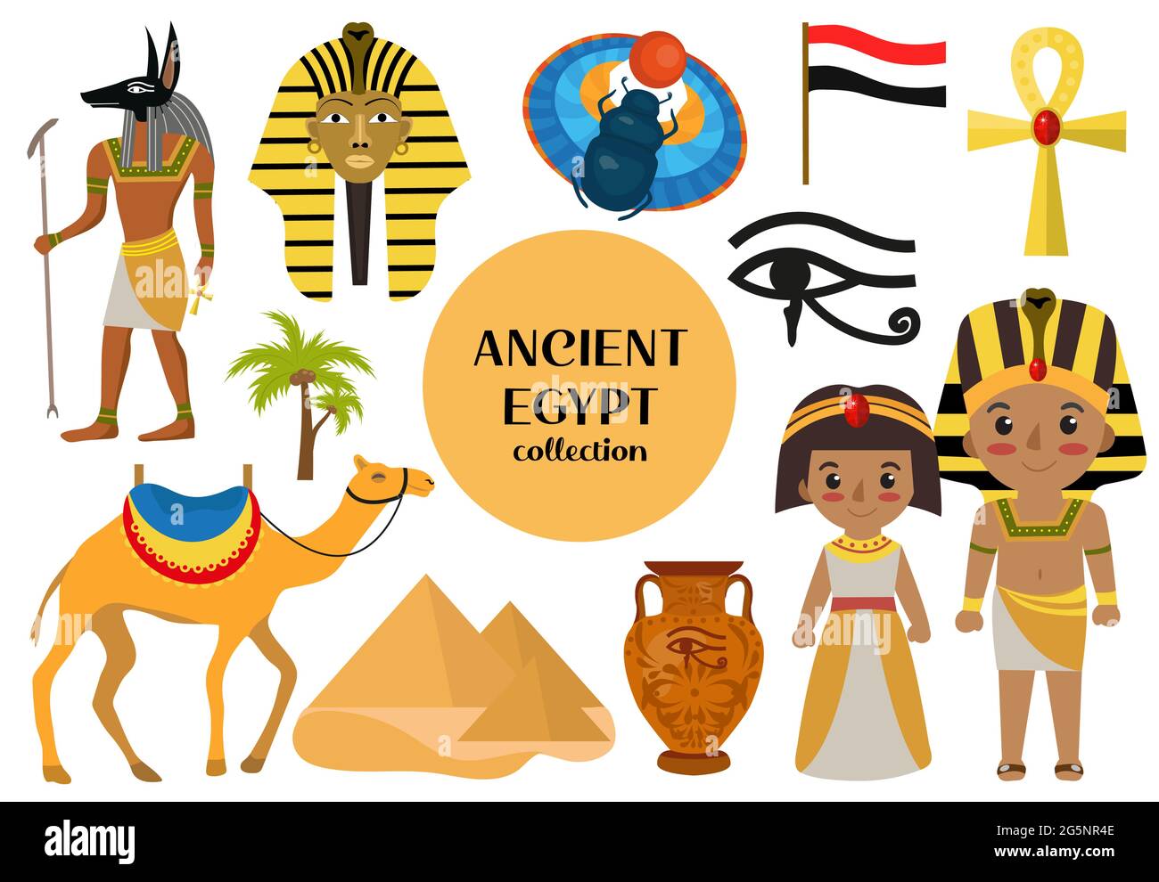 Ancient Egypt set objects clip art. Collection design elements witch sorrow beetles, Pharaoh, pyramid, ankh, Anubis, camel, antique hieroglyph Stock Vector
