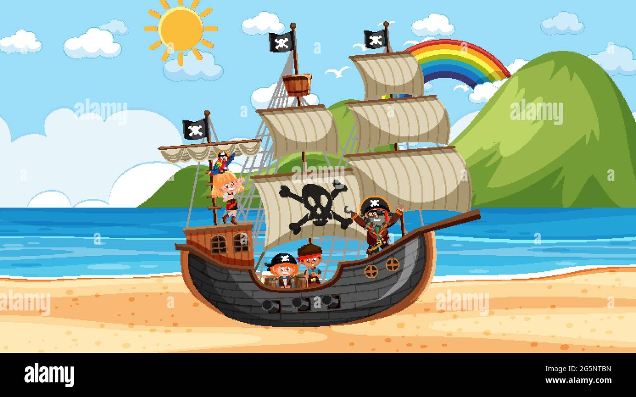 Beach with Pirate ship at daytime scene in cartoon style illustration ...