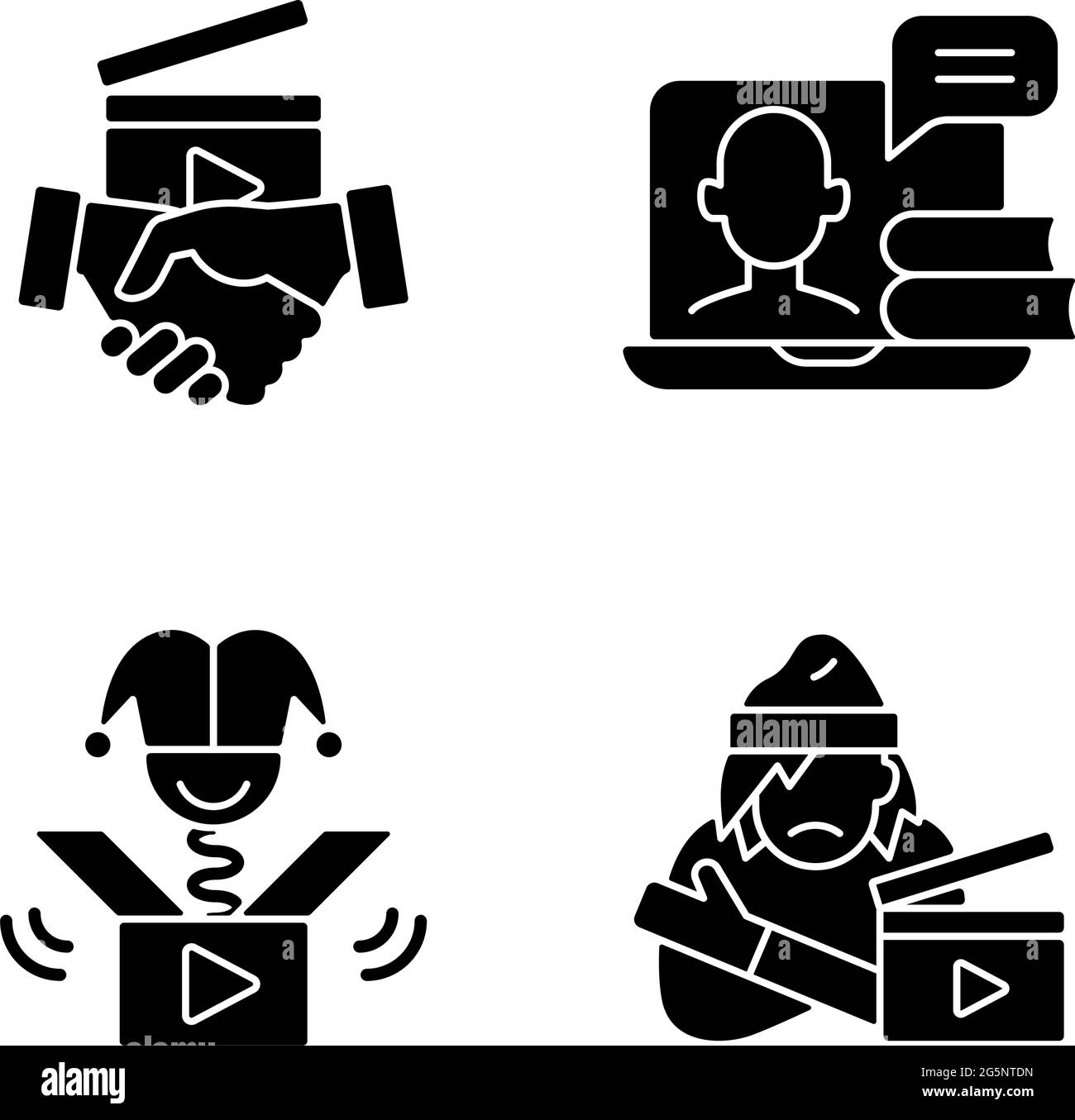 Different video black glyph icons set on white space Stock Vector