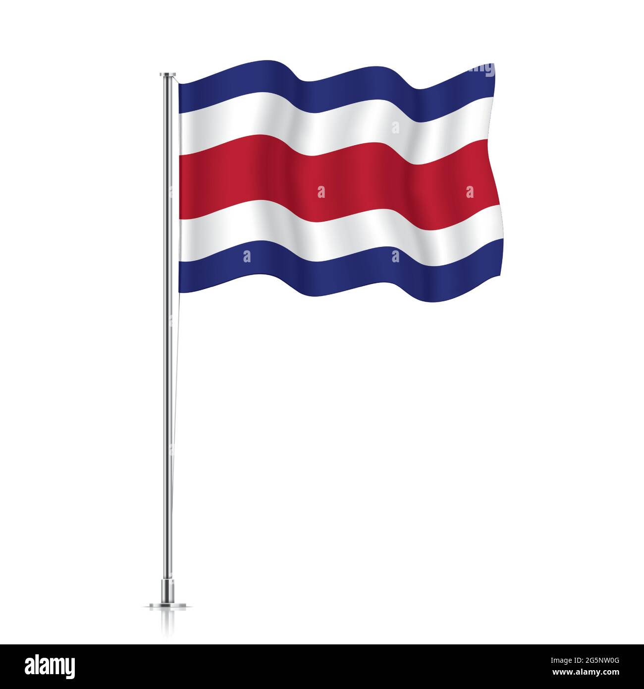 Costa Rica flag waving on a metallic pole. The official flag of Costa Rica, isolated on a white background. Stock Vector