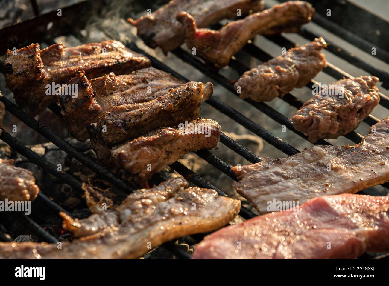 Grilled meat cook detail with smoke , cooking grilled meat Stock Photo ...