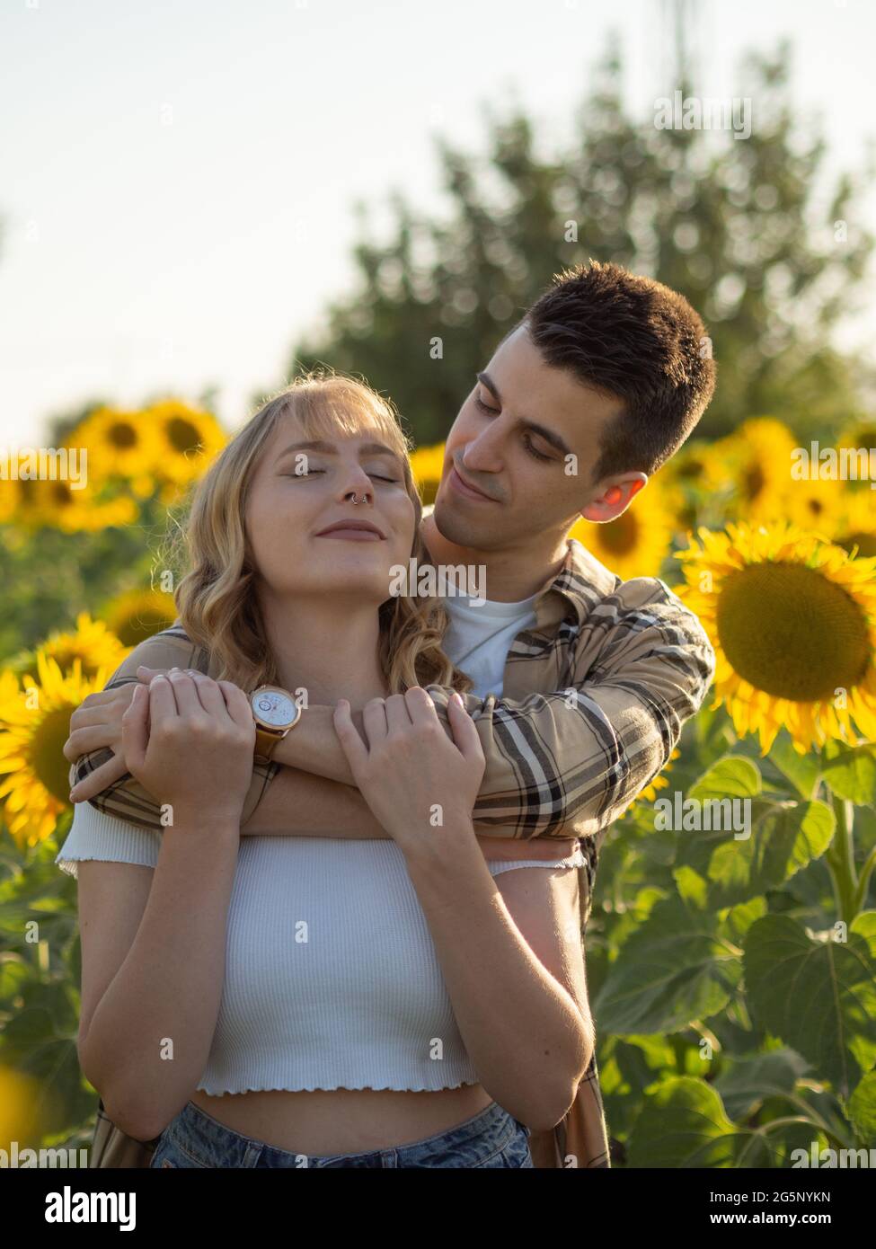 Portrait of a young cute couple in a sunflower field Stock Photo - Alamy