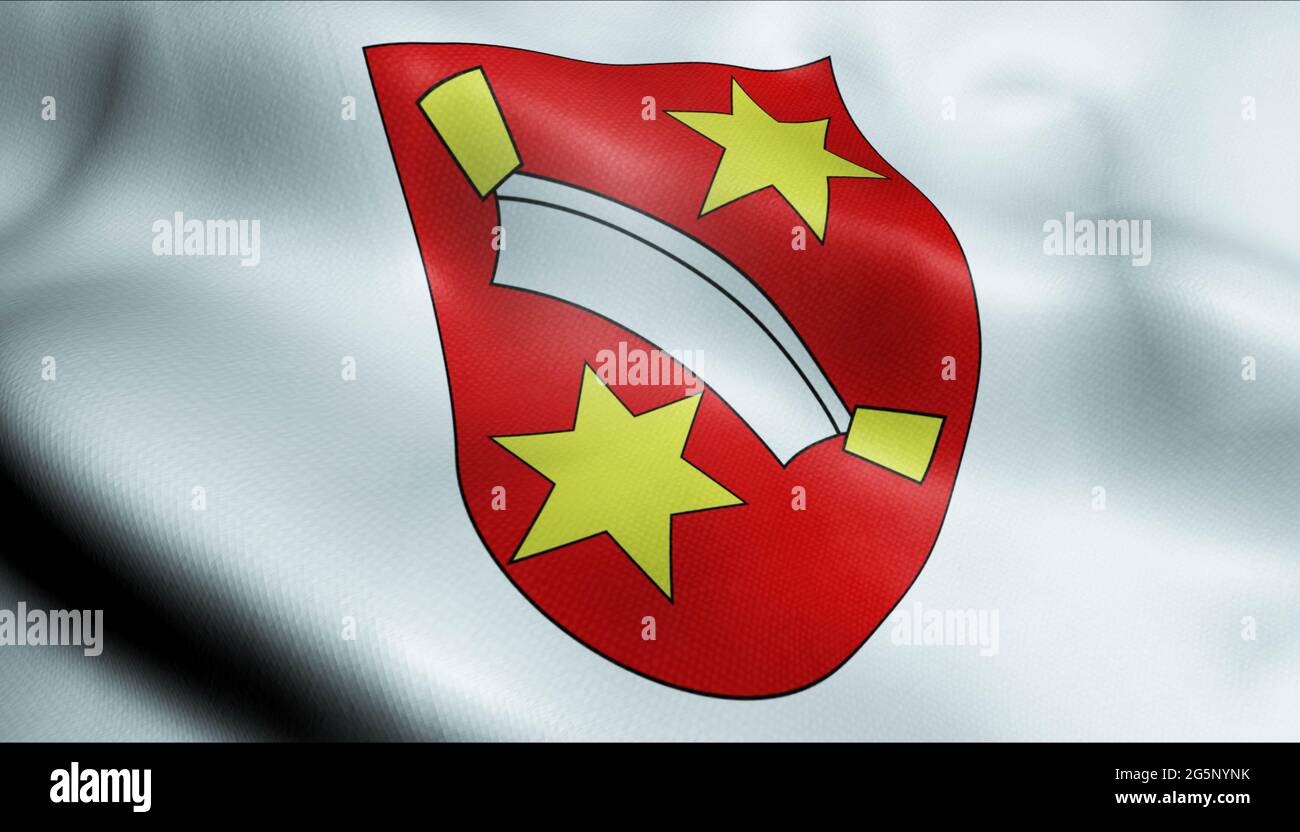 3D Illustration of a waving Switzerland city flag of Ostermundigen ...