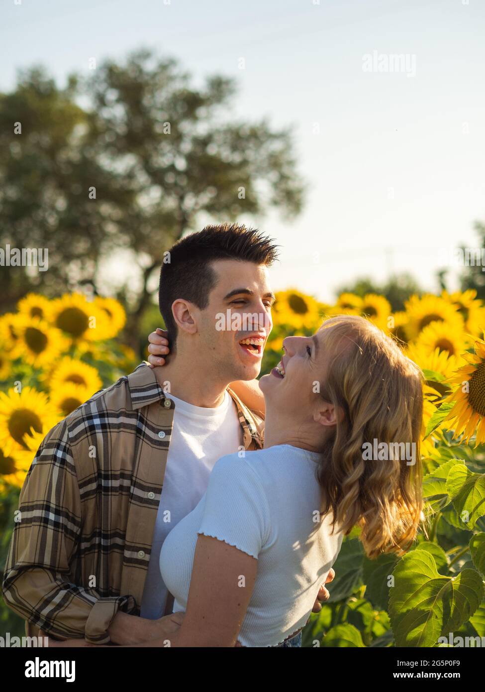 Portrait of a young couple in a sunflower field Stock Photo - Alamy