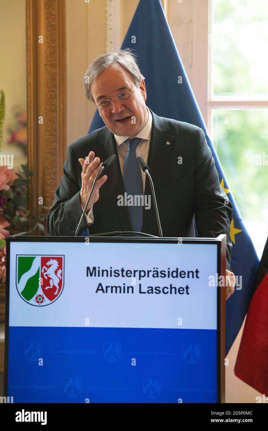 Prime Minister Armin LASCHET, in his speech, Prime Minister Armin Laschet honored citizens of North Rhine-Westphalia for their exceptional commitment to society with the Order of Merit of the State, award of the Order of Merit of the State of North Rhine-Westphalia in Duesseldorf on June 28th, 2021 å Stock Photo