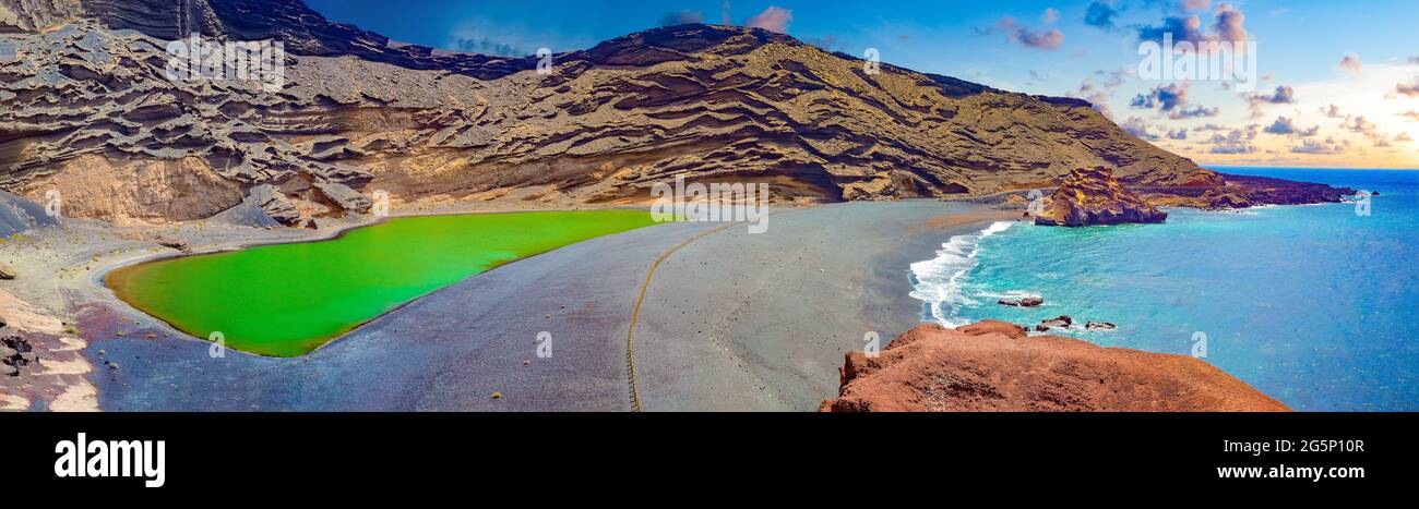 Scenic landscape Green lake in El Golfo, Lanzarote island, Spain. Canary island and Spanish beach. Stock Photo