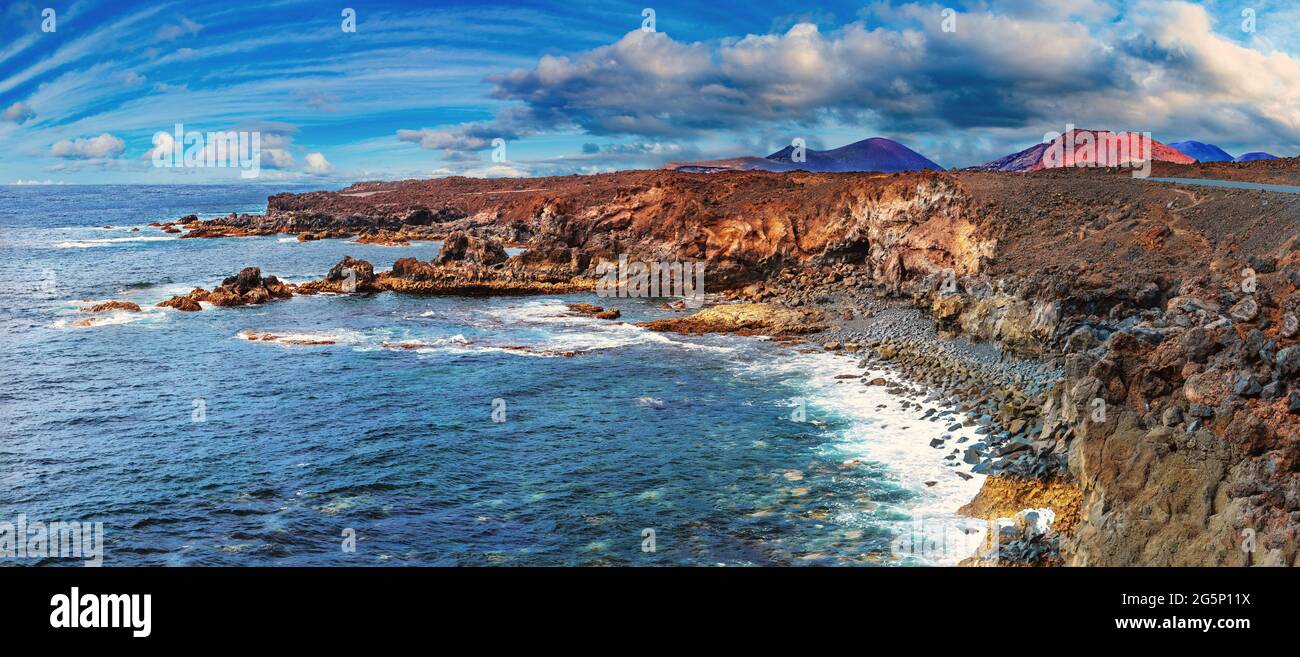 Scenic landscape Los Hervideros lava's caves in Lanzarote island,landmark in Canary islands. Beaches, cliffs and islands of Spain Stock Photo