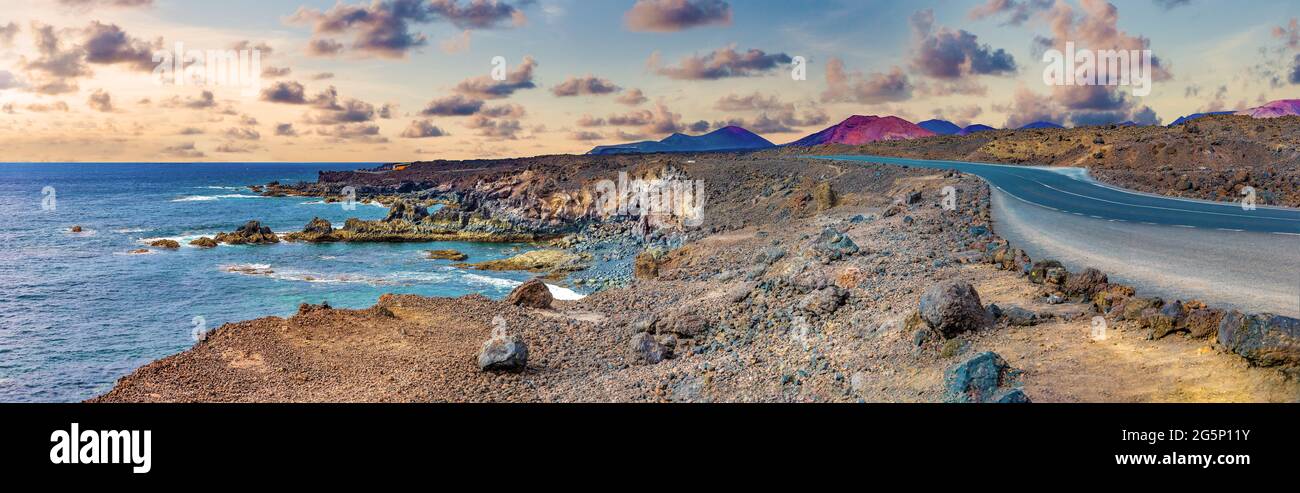 Scenic landscape Los Hervideros lava's caves in Lanzarote island,landmark in Canary islands. Beaches, cliffs and islands of Spain Stock Photo