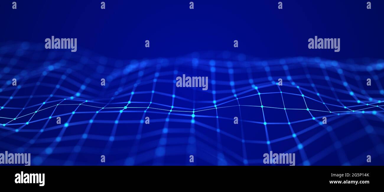 Abstract futuristic background. Big data visualization. Dynamic wave of particles. 3D rendering. Stock Photo