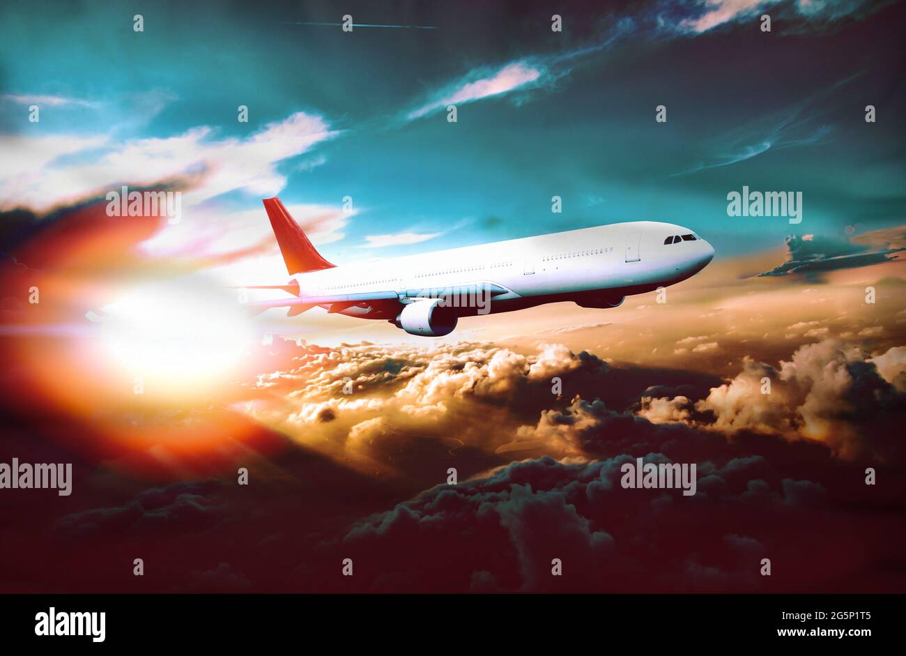 Aeroplane and scenic sunset.Vacations and tourism flying around the world.Concept of air travel and adventures background Stock Photo