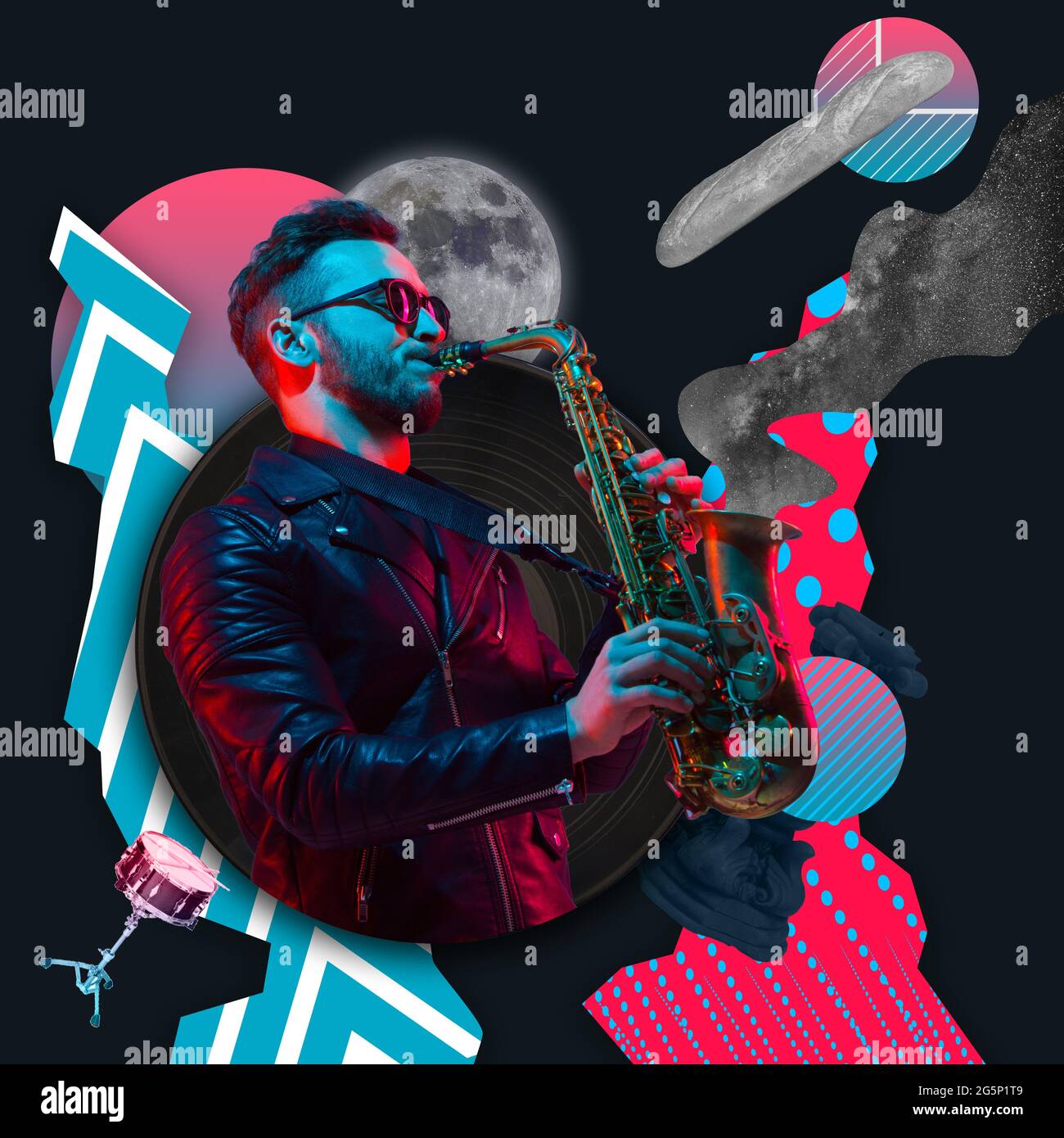 Young man playing saxophone isolated over black red blue abstract background. Contemporary art collage. Inspiration, idea, trendy urban magazine style Stock Photo