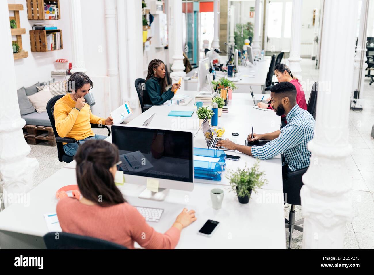 Diverse office workers sitting in a big desk and working with laptops. Co-working concept. Stock Photo