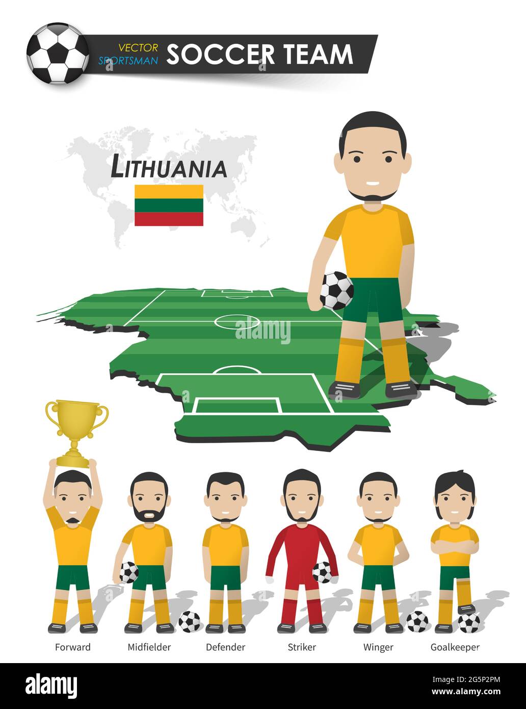 Lithuania national soccer cup team . Football player with sports jersey stand on perspective field country map and world map . Set of footballer posit Stock Vector