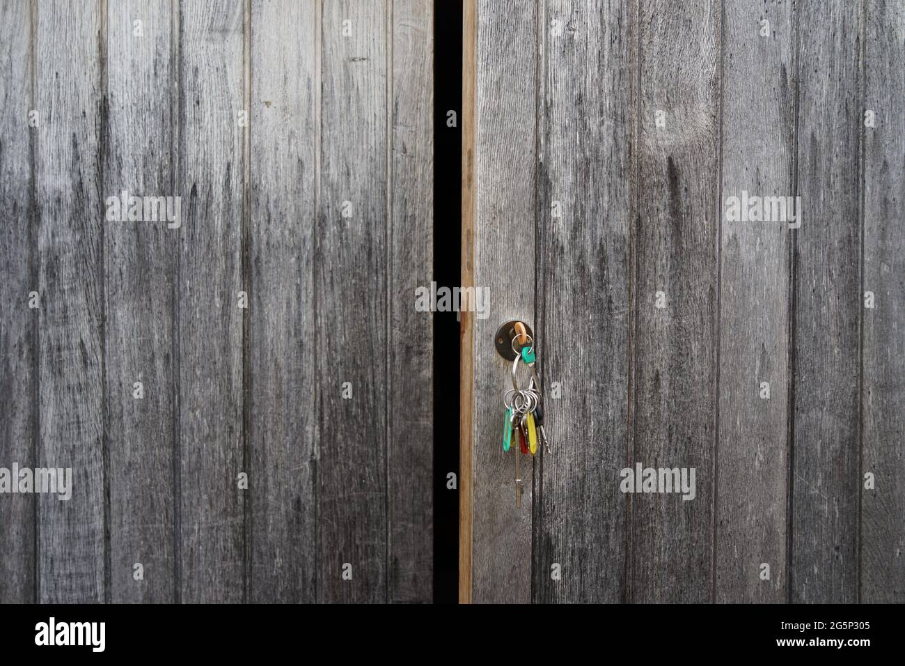 weathered oak textured garage doors Stock Photo