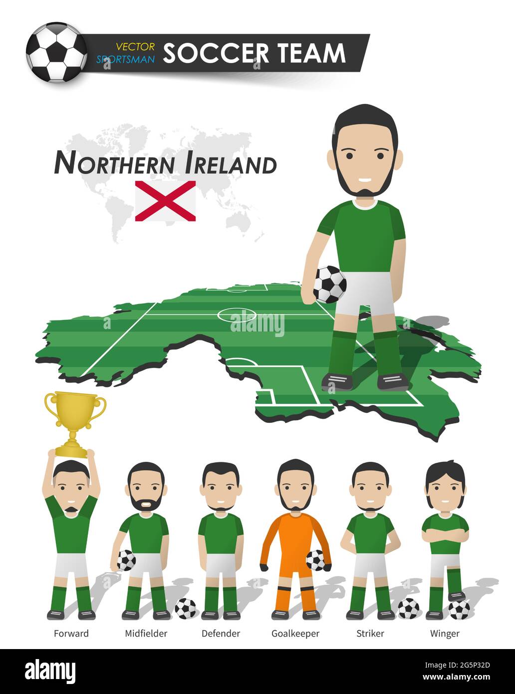 Northern ireland national soccer cup team . Football player with sports jersey stand on perspective field country map and world map . Set of footballe Stock Vector