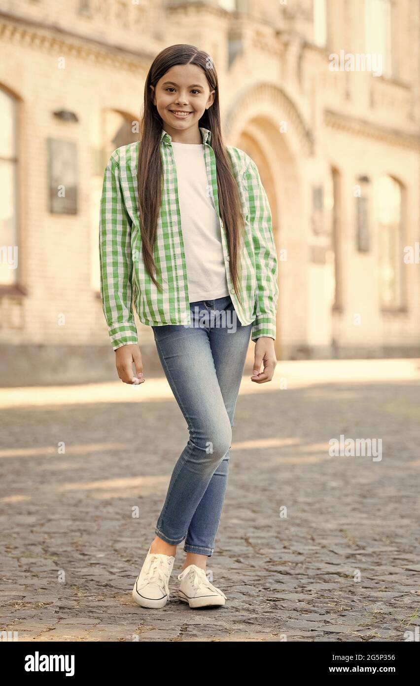 Comfy And Practical. Happy Girl In Casual Style Outdoors. Casual Wear.  Fashion Summer Trends. Trendy Streetwear. Casual Wardrobe. Childrens  Clothes Stock Photo - Alamy