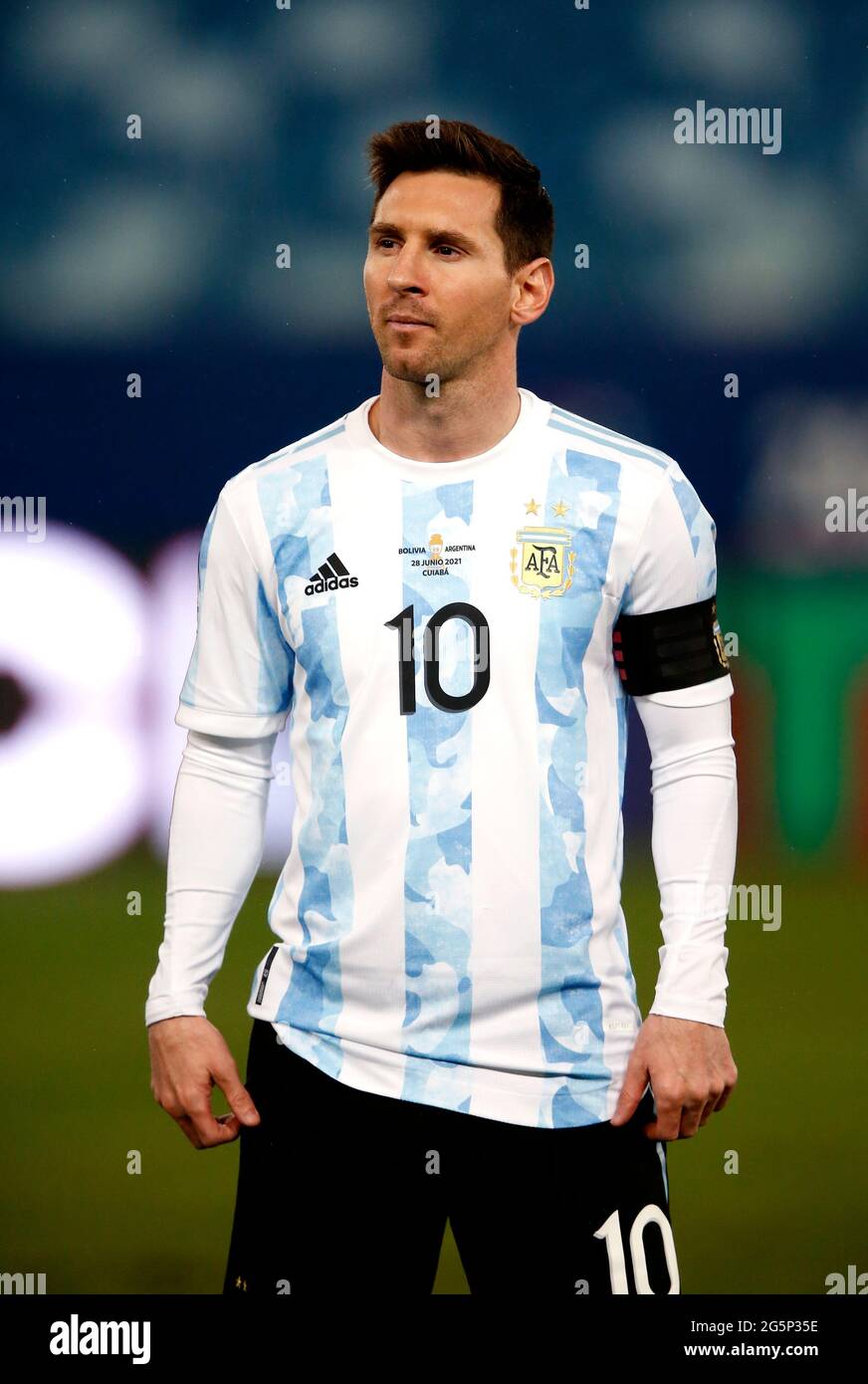 CUIABA, BRAZIL - JUNE 28: Lionel Messi of Argentina looks on ,during the match between Bolivia and Argentina as part of Conmebol Copa America Brazil 2021 at Estadio Arena Pantanal on June 28, 2021 in Cuiaba, Brazil. (MB Media) Stock Photo