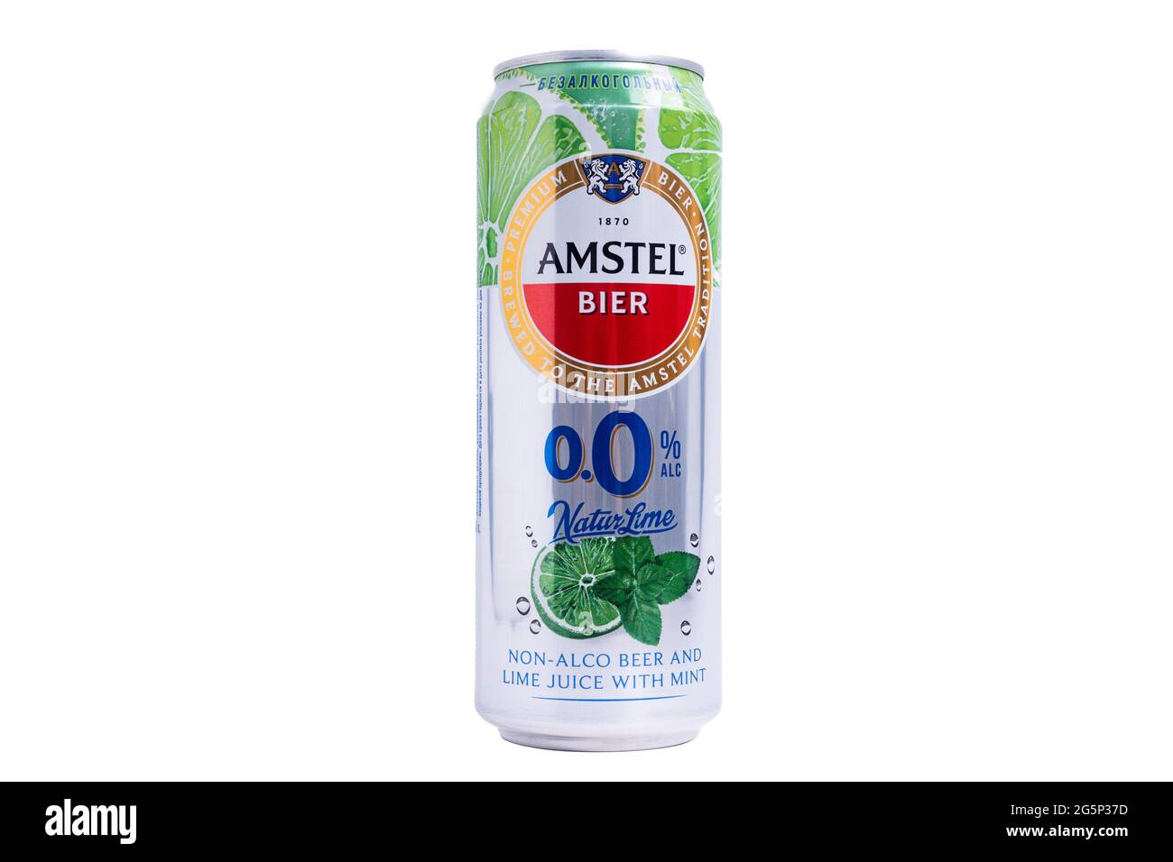Tyumen, Russia-May 25, 2021: Amstel beer can isolated on white, non-alcoholic with lime and mint Stock Photo