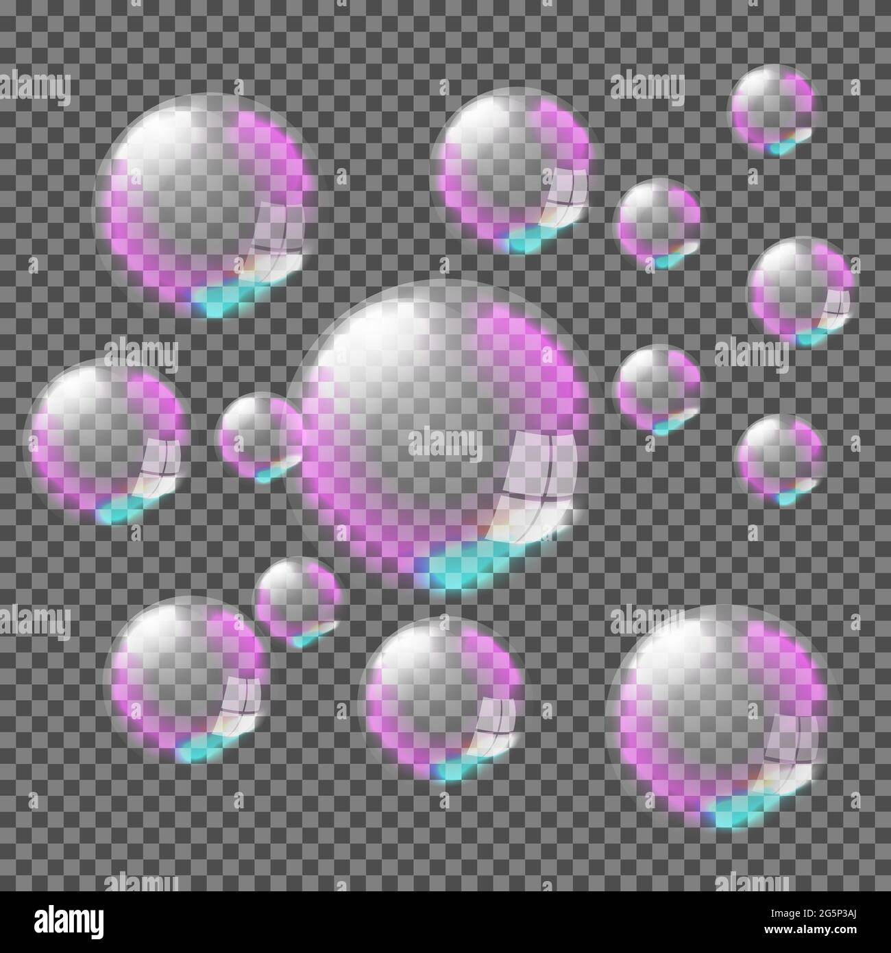 Set of realistic transparent colorful soap bubbles isolated on Transparent background. Vector texture. Stock Vector