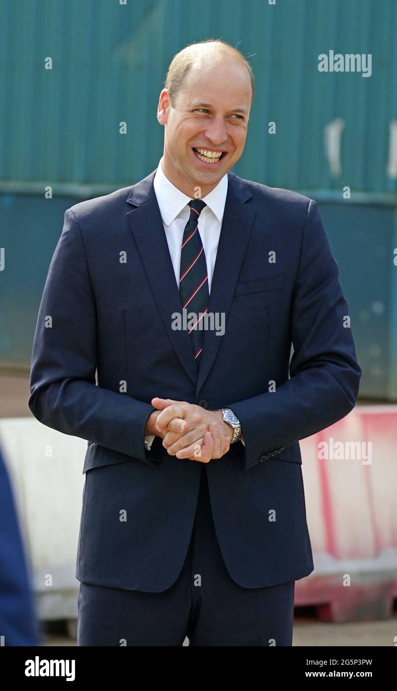 The Duke of Cambridge, known as the Earl of Strathearn in Scotland, during a visit to the BAE Systems shipyard in Glasgow to see construction on HMS Glasgow - the Royal Navy's first City-class Type 26 frigate - as part of a visit to Scotland for Holyrood Week. Picture date: Tuesday June 29, 2021. Stock Photo
