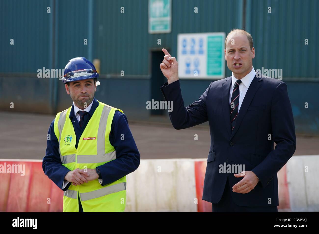 The Duke of Cambridge (right), known as the Earl of Strathearn in Scotland, during a visit to the BAE Systems shipyard in Glasgow to see construction on HMS Glasgow - the Royal Navy's first City-class Type 26 frigate - as part of a visit to Scotland for Holyrood Week. Picture date: Tuesday June 29, 2021. Stock Photo