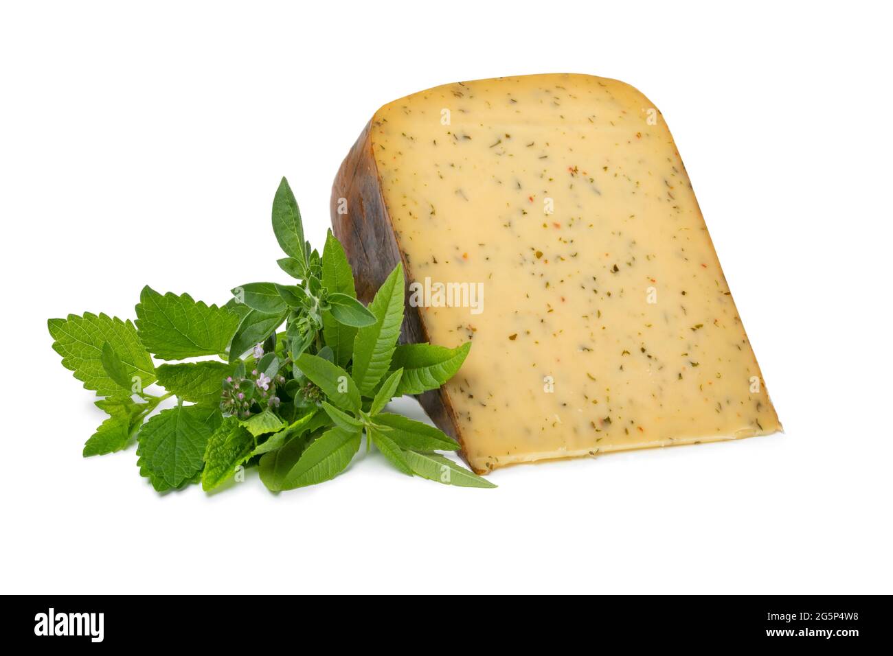 Wedge of Dutch herbal cheese and fresh green herbs isolated on white background Stock Photo