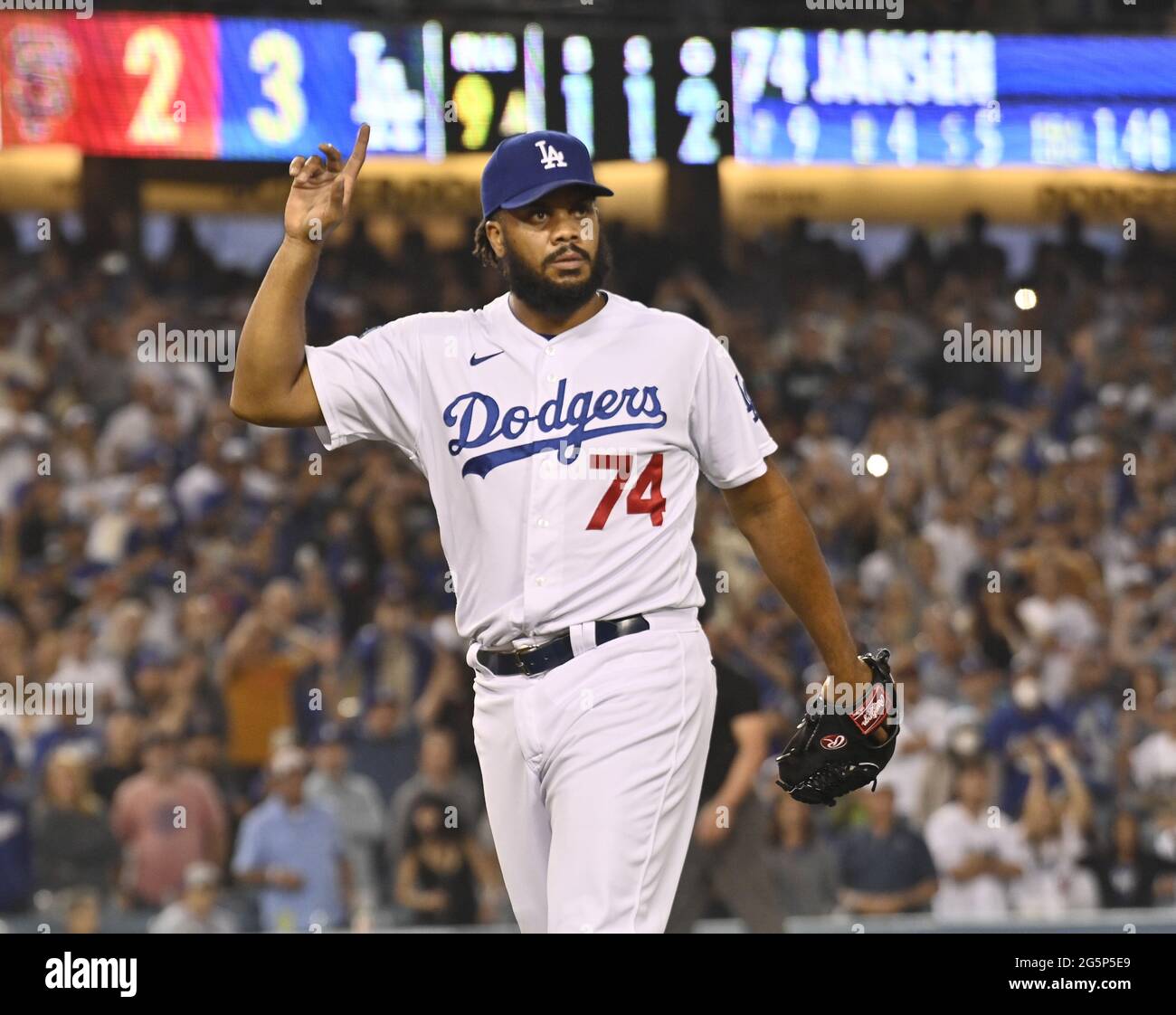 Los Angeles, United States. 29th June, 2021. Los Angeles Dodgers closing  pitcher Kenley Jansen points upward after shutting down the San Francisco  Giants during the ninth nning at Dodger Stadium in Los