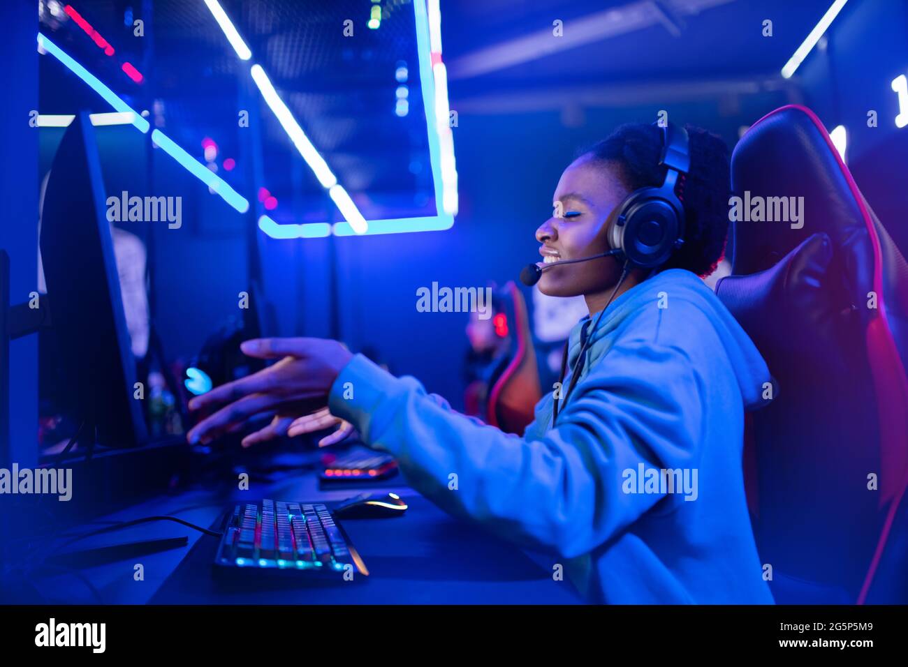 Professional online video game player African young woman lost