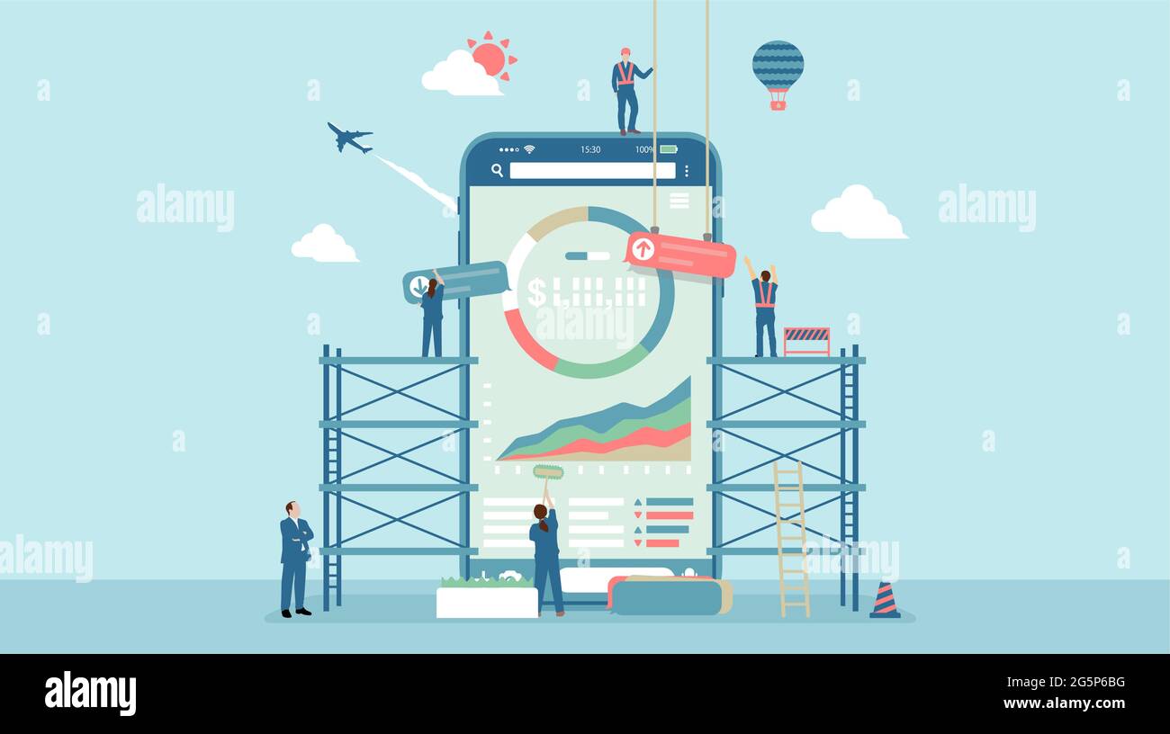 Mobile investment ( robot advisor, fin tech apps ) vector banner illustration Stock Vector