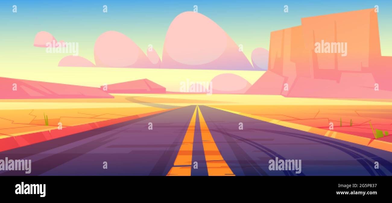 Road in desert scenery landscape with rocks and cracked dry ground. Straight empty highway in Arizona Grand Canyon, asphalted way disappear into the distance. Deserted land Cartoon vector illustration Stock Vector
