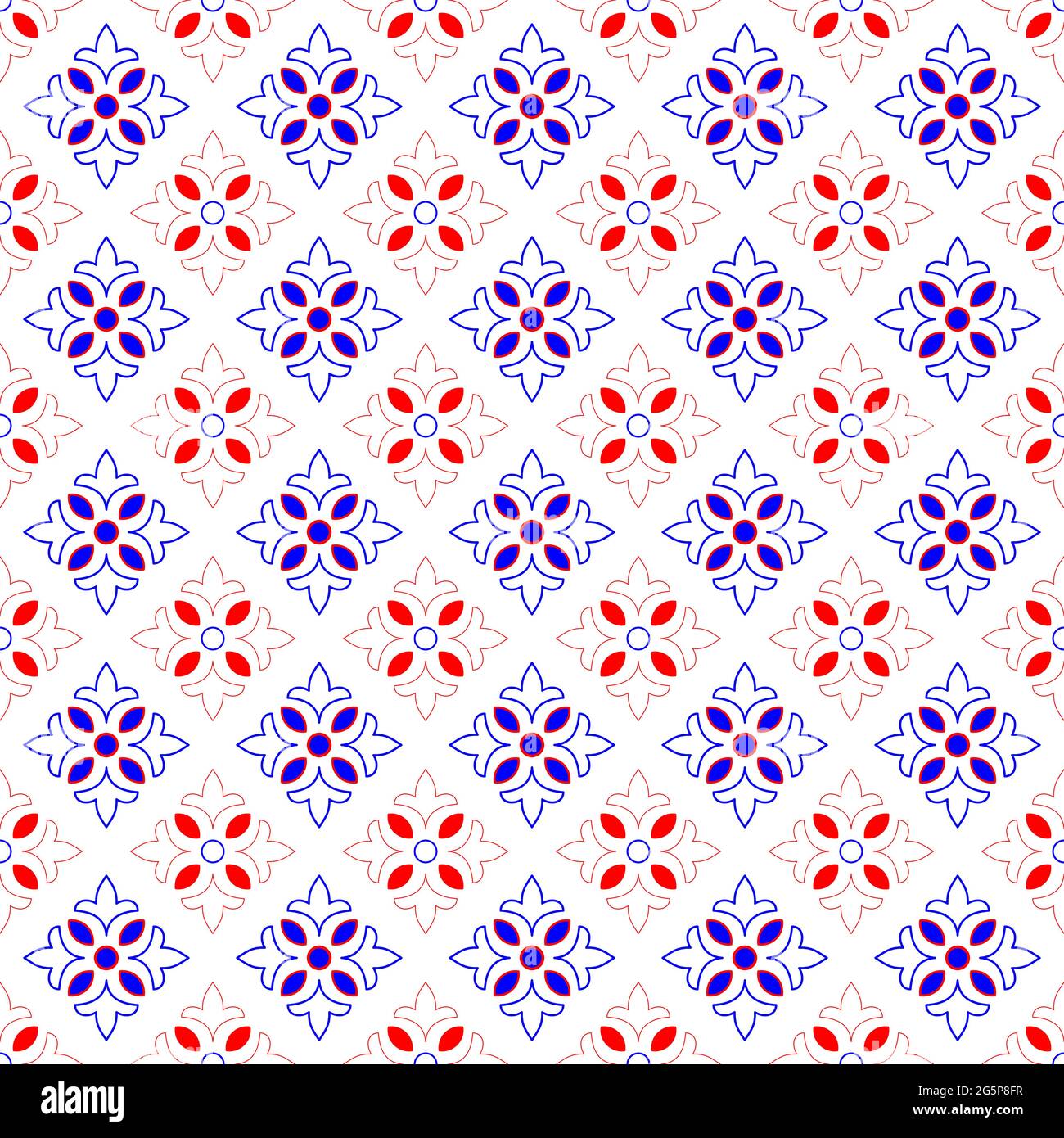 Ceramic tile pattern vector. Porcelain background design, blue and red. Floral decor vector illustration. Stock Vector
