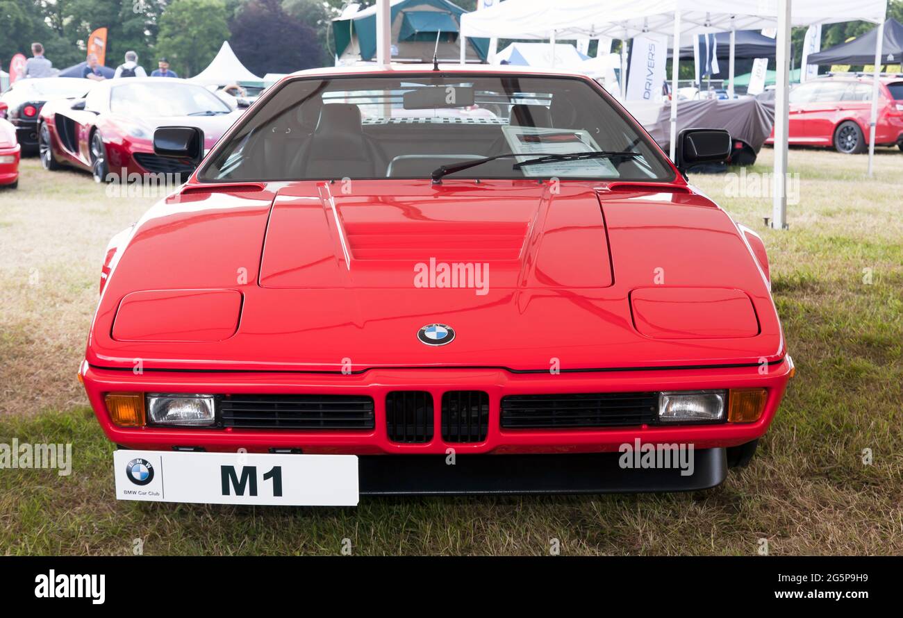 Front view of a Red, 1980, BMW M1, on display at the 2021, London Classic Car Show, Syon Park Stock Photo