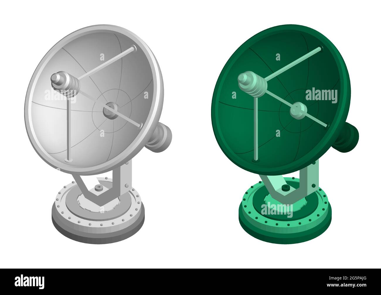 Isometric military and scientific radar, radio telescope for exploring universe and space for tracking flying objects. Ostronomical observations of st Stock Vector