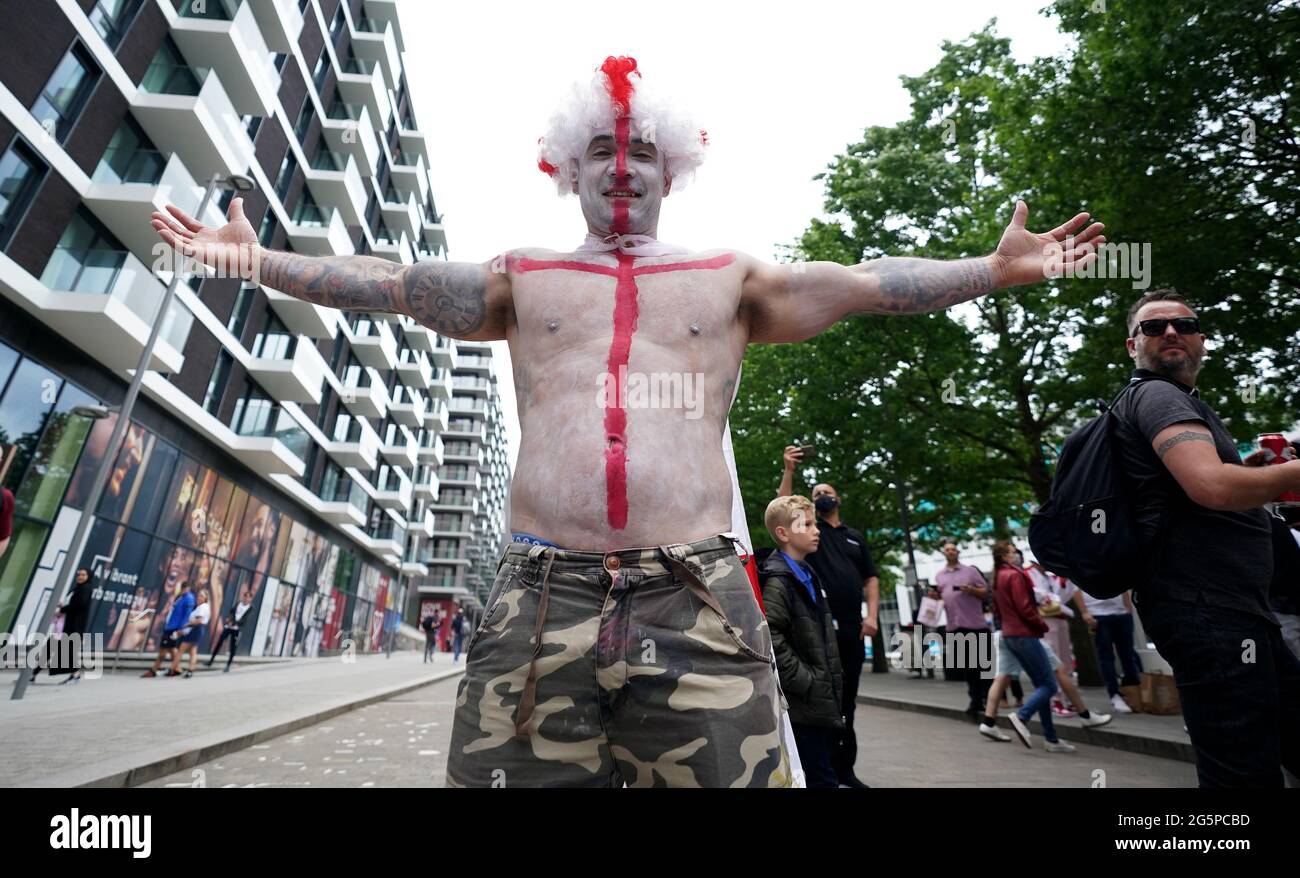 Fans arrive at Wembley ahead of the UEFA Euro 2020 round of 16 match between England and Germany at the 4TheFans fan zone outside Wembley Stadium. Picture date: Tuesday June 29, 2021. Stock Photo