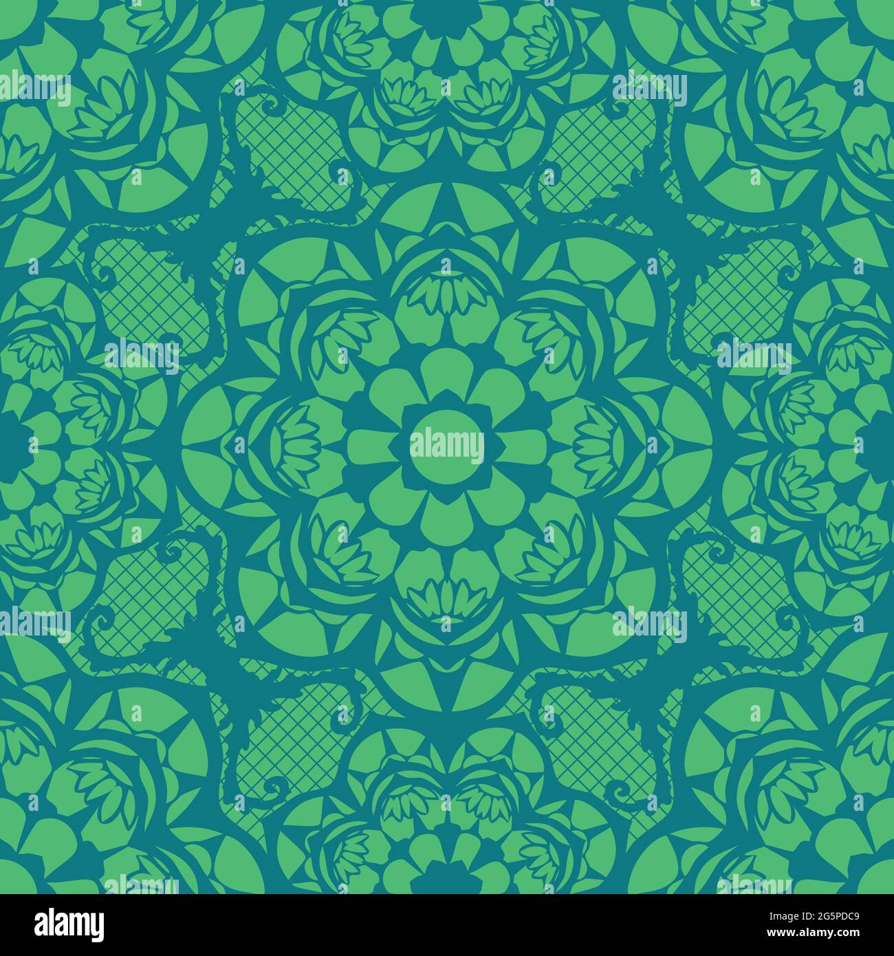 Seamless vector pattern with lace texture on green background. Romantic embroidery wallpaper design. Bright blue mesh fashion textile. Stock Vector