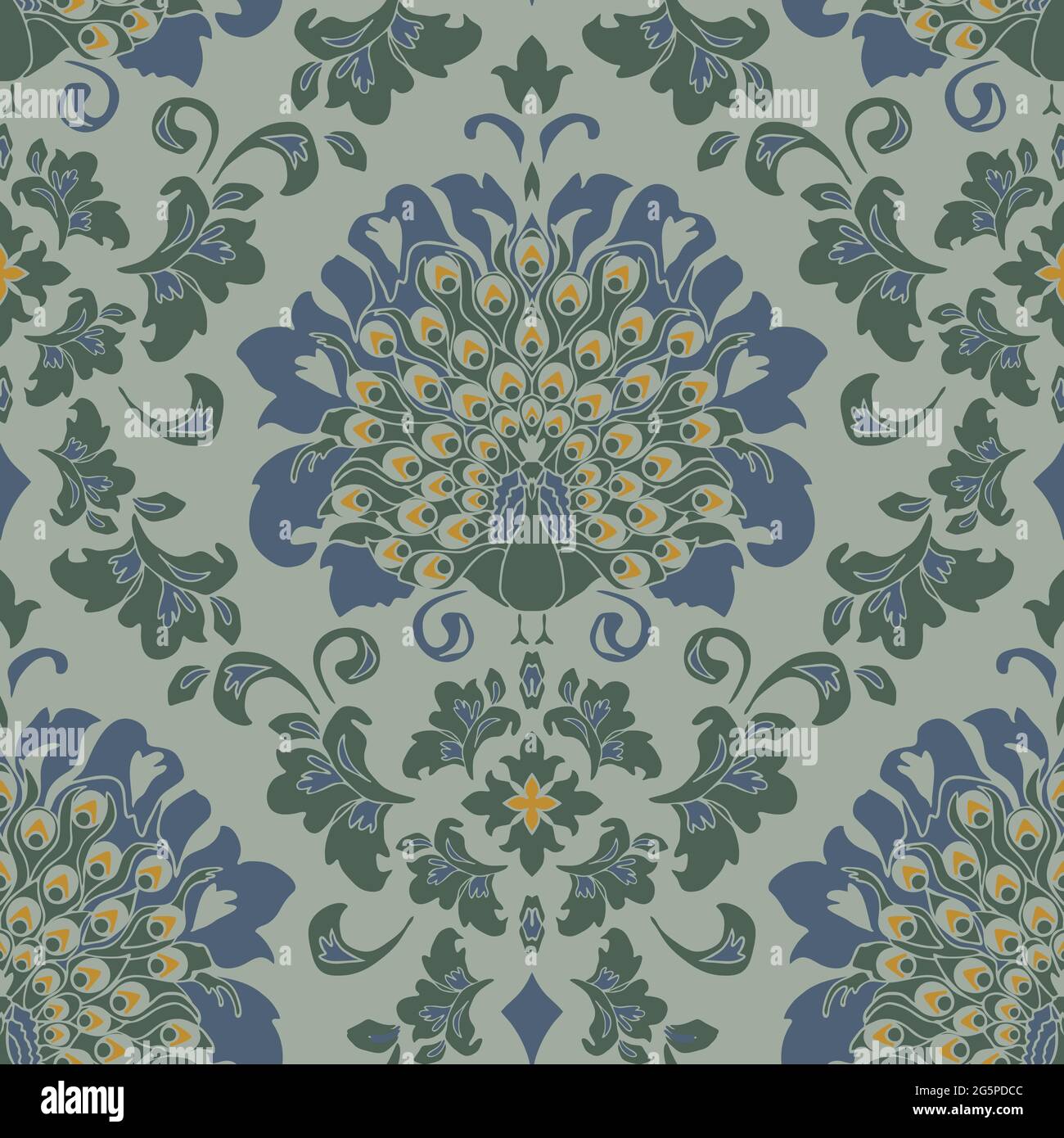Seamless vector pattern with romantic bird on blue background. Luxury damask wallpaper with peacock. Vintage royal fashion textile. Stock Vector