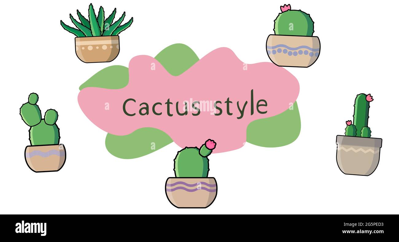 Cactus vector illustrations set in flat style. Succulents icon and object for design Stock Vector