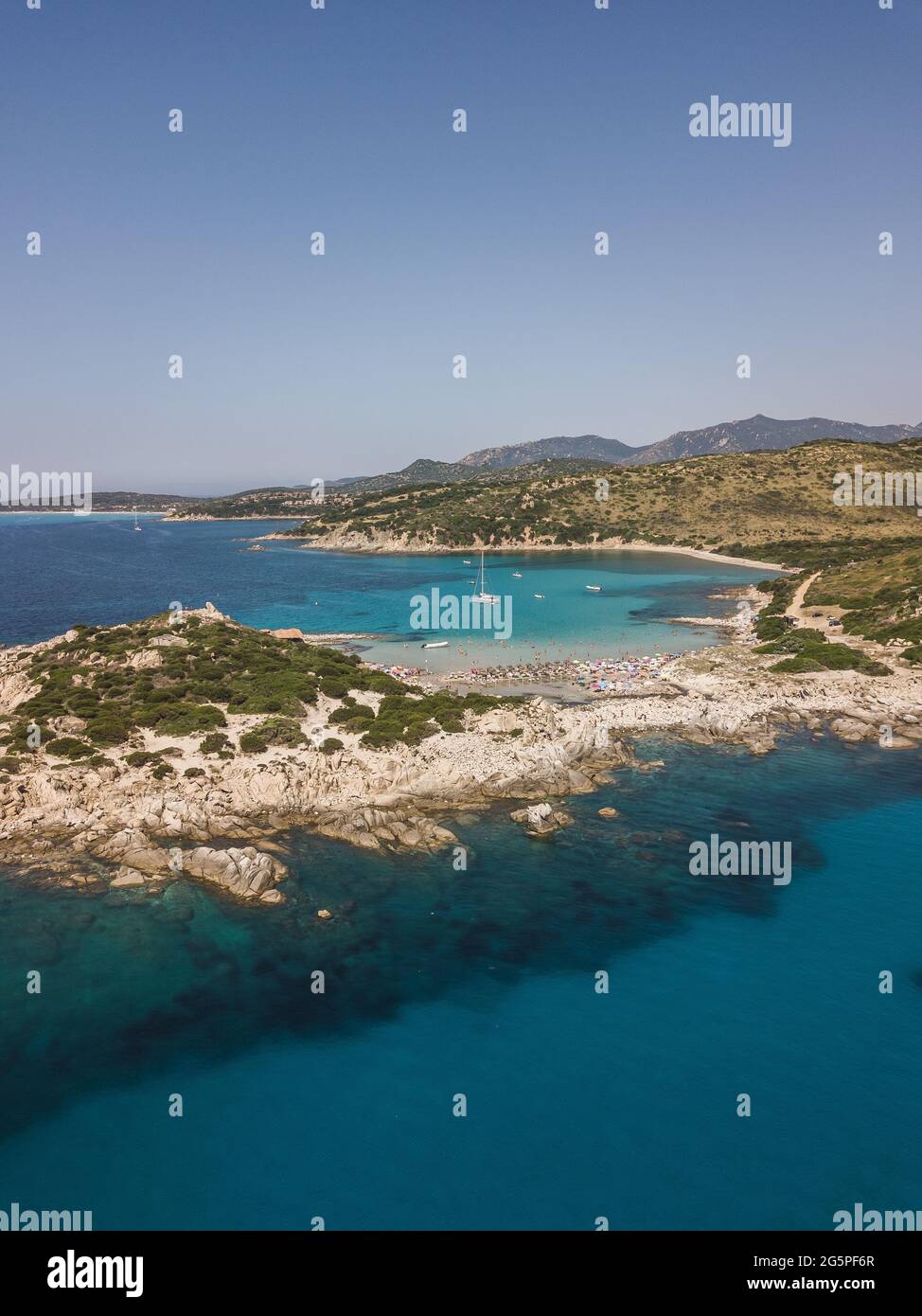 SARDEGNA PUNTA MOLENTIS, ITALY - Jul 05, 2019: Punta Molentis Sardegna Sardinien Drohne drone landscape Stock Photo