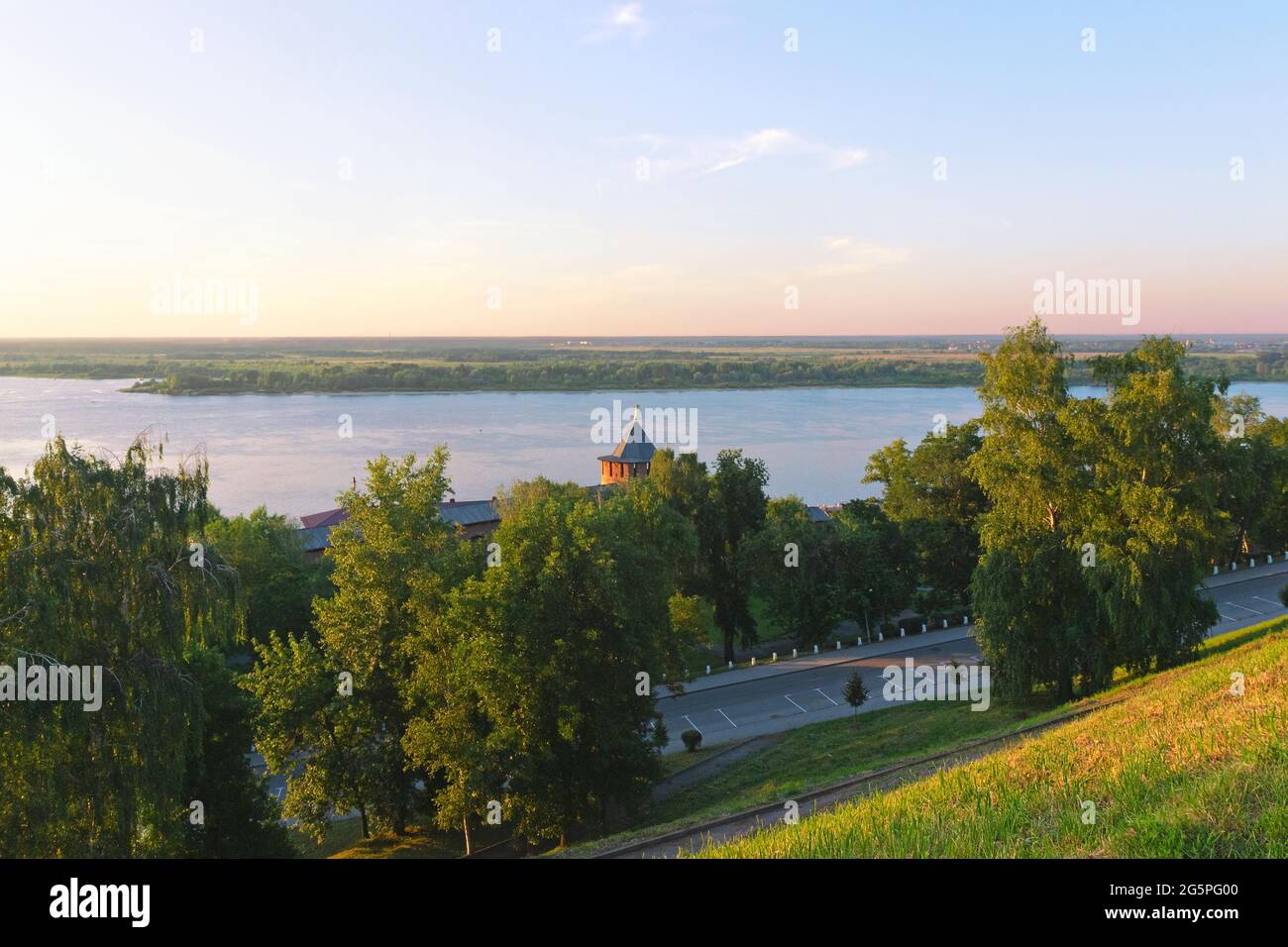 View of the Volga River and the tower, from the walls of the Kremlin in Nizhny Novgorod Stock Photo