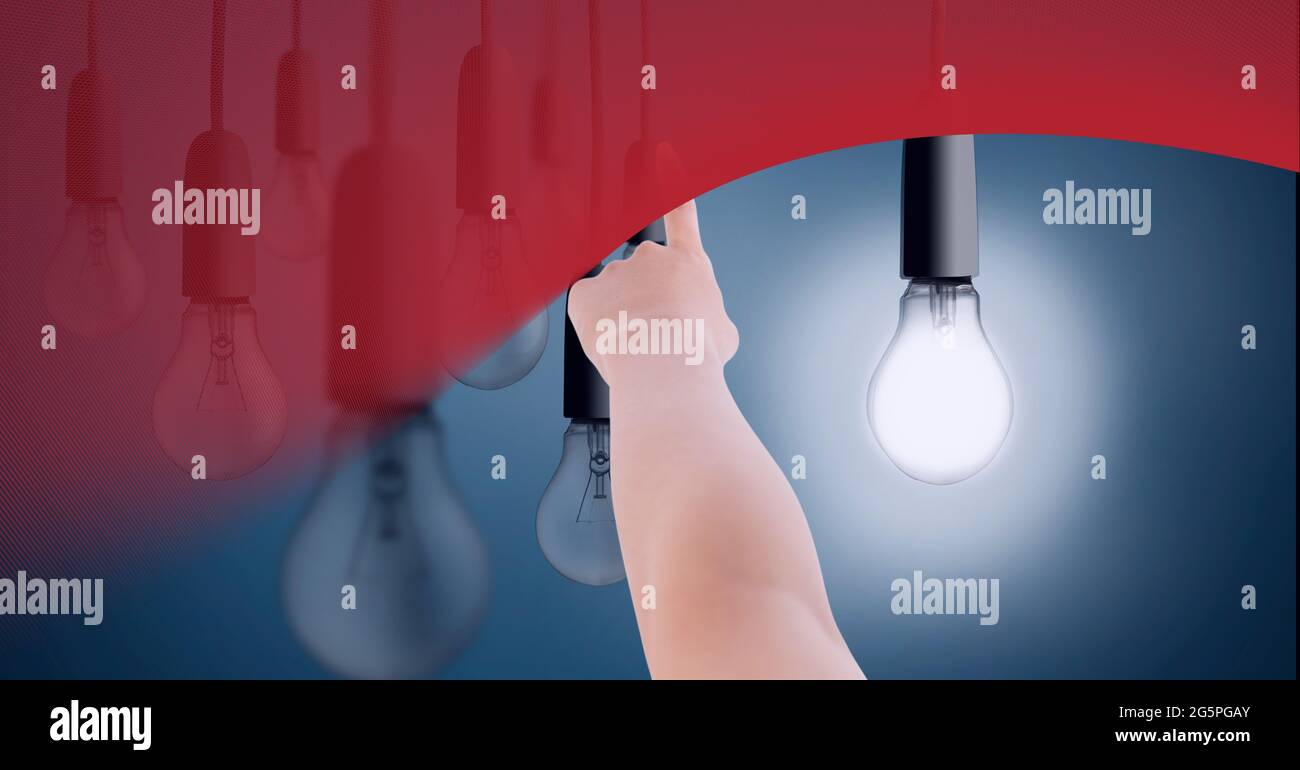 Composition of finger touching screen with lightbulbs on blue background Stock Photo Alamy