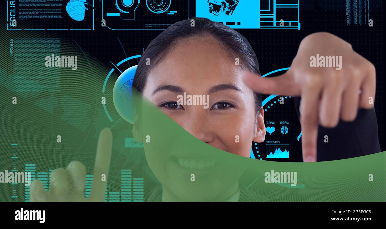 Composition of businesswoman touching screen with data processing Stock Photo